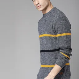 roadster Men Striped Round Neck Dark Blue Sweater-picture-17