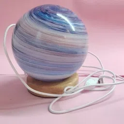 expert gifting Marble Pattern Glass Globe Table Lamp with Wooden Base, Blue and Purple Table Lamp image 2