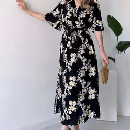 manojava Women Fit and Flare Multicolor Below Knee Dress image 1