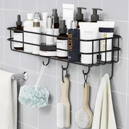 msunique Stainless Steel Iron Coating Self-Adhesive Metal Rack Storage Shelf with 4 Hook Stainless Steel Wall Shelf-picture-27