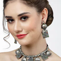 Moedbuille Silver-Plated Crystal-Studded Antique Oxidised Jewellery Set image 2