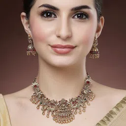 KARATCART Gold-Plated Stone Studded & Beaded Laxmi Mata and Peacock Temple Jewellery Set image 2