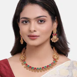 GRIIHAM Gold-Plated Red & Green AD-Studded Jewellery Set image 1