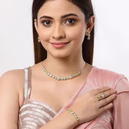 ZENEME Gold-Plated White & Green AD-Studded Handcrafted Jewellery Set image 4