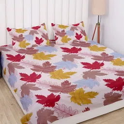 RD TREND Cream & Red Floral Cotton210 TC King Bedsheet with 2 Pillow Covers image 2