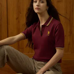 u.s. polo assn. Women Striped Polo Neck Pure Cotton Maroon T-Shirt image 2