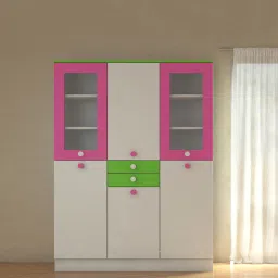 adona Lara Kids 3 Door Wardrobe with 2 Drawers & Glass Shutters in Barbie Pink & Green Colour image 1