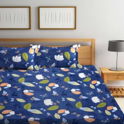 arrabi Blue Floral 300 TC Cotton Blend Double King Sized Bedsheet With 2 Pillow Covers-picture-14