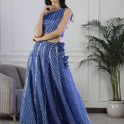 NEUDIS Vertical Striped Sleeveless Chanderi Cotton Blouson Ethnic Crop Top image 3