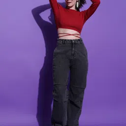 Stylecast X Kotty Maroon Round Neck Long Sleeves Tie-Ups Crop Top image 4