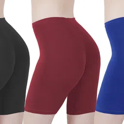 ullaspemium Pack of 3 Solid Women Black, Maroon, Blue Cycling Shorts-picture-21