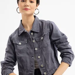 SHOWOFF Women Floral Windcheater and Water Resistant Crop Denim Jacket-image-25