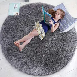 aaho decor Grey Solid Polyester 3x3 Feet Machine Made Shaggy Round Carpet image 1