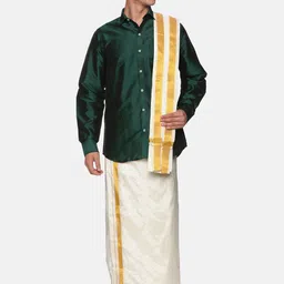 Sethukrishna Men Green & White Shirt with Dhoti image 5