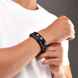 The Roadster Lifestyle Co Men Black & Red Set Of 2 Leather Wraparound Bracelet-picture-12