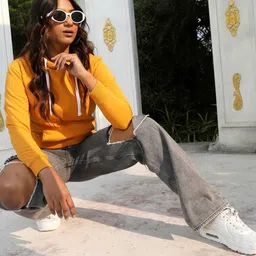 Campus Sutra Women Mustard Yellow Striped Sleeve Hooded Pullover Longline Sweatshirt image 5