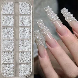 maukir Multi Sizes Round and Half Round Pearls 3D Nail Charms-picture-27