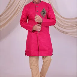 Pooja Ethnic Pooja Ethnic Men's Red Silk Indo Western with Pant PE9053 Solid Sherwani image 3