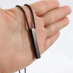 oscar enterprises Black Bar Pendant Silver Necklace For Men And Girls Silver Plated Stainless Steel Chain image 2