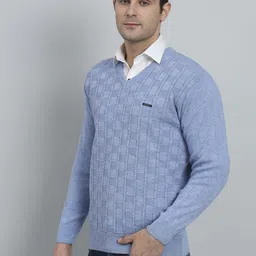ewools Men Self Design V Neck Blue Sweater image 3