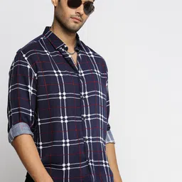 SHOWOFF Standard Slim Fit Windowpane Checked Twill Cotton Casual Shirt-picture-16