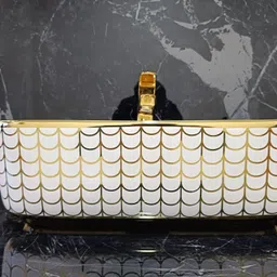 lofina Premium Designer Table Top Counter Top Golden Wash Basin Gold Ceramic Wash Basin L-4005(L41 X W31.5 X H13.5Cm) Very Stylish Bathroom Golden Ceramic Wash Basin Table Top Basin image 5