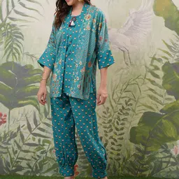 Vishudh Turquoise Blue Ethnic Motifs Printed Pure Cotton Top With Trousers & Shrug image 2