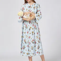 MeeMee Floral Print Tie-Up Neck Bell Sleeve Maternity Fit & Flare Midi Dress image 2