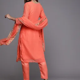 KALINI Peach-Coloured & Gold-Toned Embroidered Unstitched Dress Material image 4