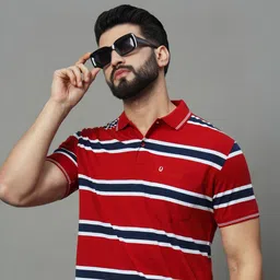 unniberry Men Striped Polo Neck Cotton Blend Red T-Shirt-picture-11