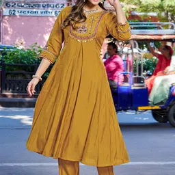 kodila Women Embroidered, Solid Chanderi Anarkali Kurta With Attached Dupatta-picture-22