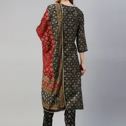 Divena Women Black Floral Print Thread Work Kurta with Trousers & Dupatta image 2