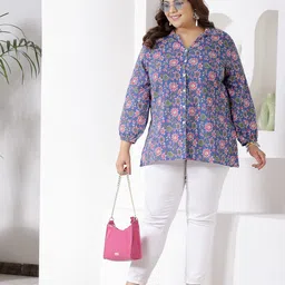 Little More By Stylum Plus Size Floral Printed Pure Cotton Shirt Style Top image 3