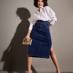 sassafras Women Solid Pencil Dark Blue Skirt image 3