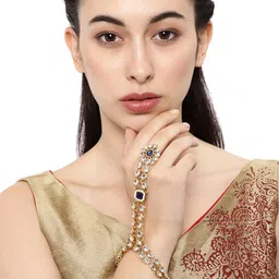 Zaveri Pearls Gold-Toned Blue Kundan Studded Bridal Collection Hand Harness Ring Bracelet-picture-33