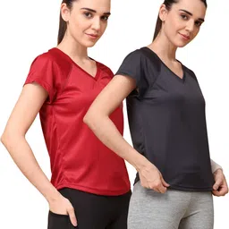 uzarus Pack of 2 Women Sporty V Neck Polyester Maroon, Grey T-Shirt-picture-20