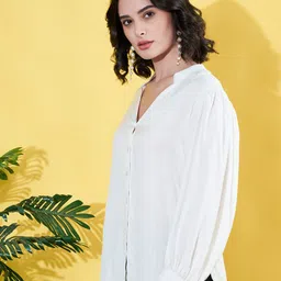 anvi be yourself Women Regular Fit Solid Mandarin Collar Casual Shirt image 4