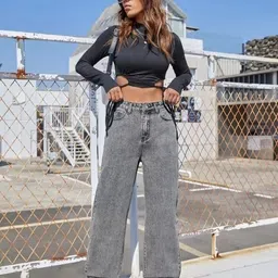 akacy Women Straight Fit High Rise Grey Jeans image 5