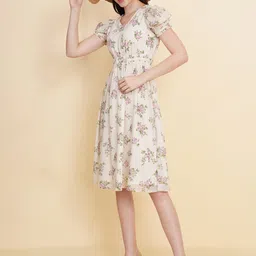 RAASSIO Floral Printed Puff Sleeve Fit & Flare Dress image 3