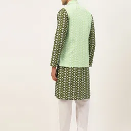 SOJANYA Men Olive Ethnic Motifs Embroidered Thread Work Kurta with Churidar image 5