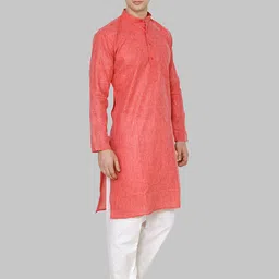 ROYAL KURTA Men Orange And White Solid Mandarin Collar Long Sleeves Kurta With Pyjama image 4