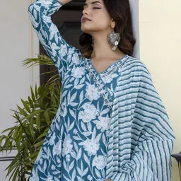 Anouk Women Floral Printed Angrakha Aari Work Pure Cotton Kurta with Trousers & With Dupatta-picture-25