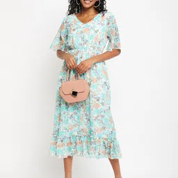 Bitterlime Floral Printed V-Neck Flared Sleeves Flounce Fit & Flare Midi Dress image 3