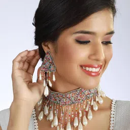 Jazz and Sizzle White Pearl-Studded & Beaded Tasselled Choker Handcrafted Jewellery Set image 2