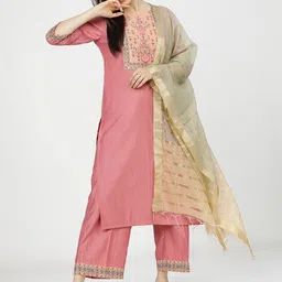 Vishudh Women Pink Ethnic Motifs Yoke Design Regular Kurta with Palazzos & With Dupatta-picture-22