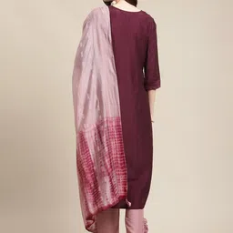 Varanga Women Burgundy & Rose Yoke Design Thread Work Kurta with Trousers & Dupatta image 5
