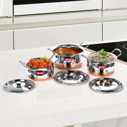 nirvika Stainless Steel Sauce Bowl Copper Bottom 3 pcs handi with lid for gifting & Cooking Set Size:1.5L,1L, 0.75L image 4