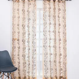 parda online Brown & Gold Polyster Floral 5ft Sheer Eyelet Window/Door (1 Pc) image 1