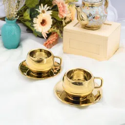laser art Pack of 1 Stainless Steel Gold Plated Stainless Steel Cup & Saucer Set | Luxury Tea & Coffee Serveware | image 1