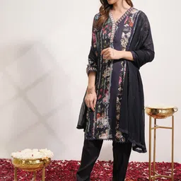 Vishudh Blue Floral Printed Regular Thread Work Kurta with Trousers & Dupatta image 5